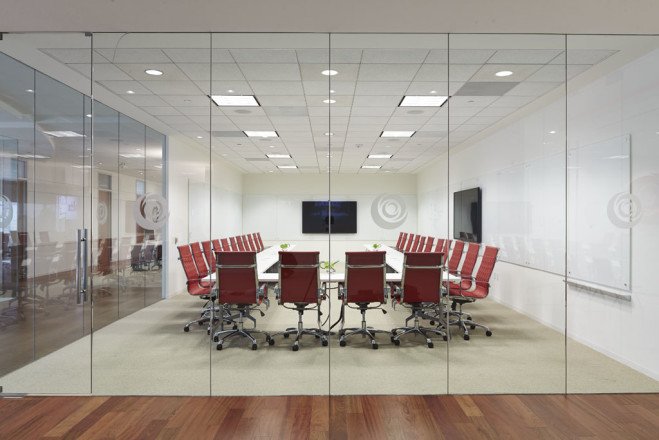 Etched glass protects people from walking into glass walls and partitions. 