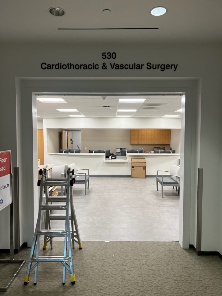 Lettering identifying the Cardiothoracic and Vascular Surgery center in a hospital. 