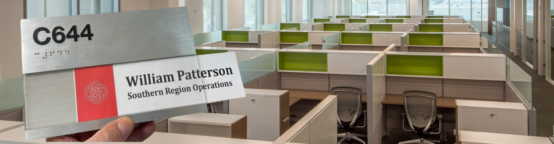 Cubicle sign fabricated by Stanco Signage for office workstation.